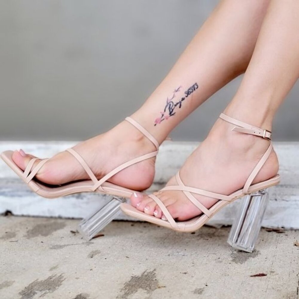 Women Square Toe Clear Block High Heel Sandals Nude Color - Picture 2 of 5